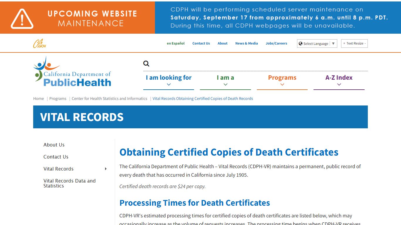 Vital Records Obtaining Certified Copies of Death Records - California